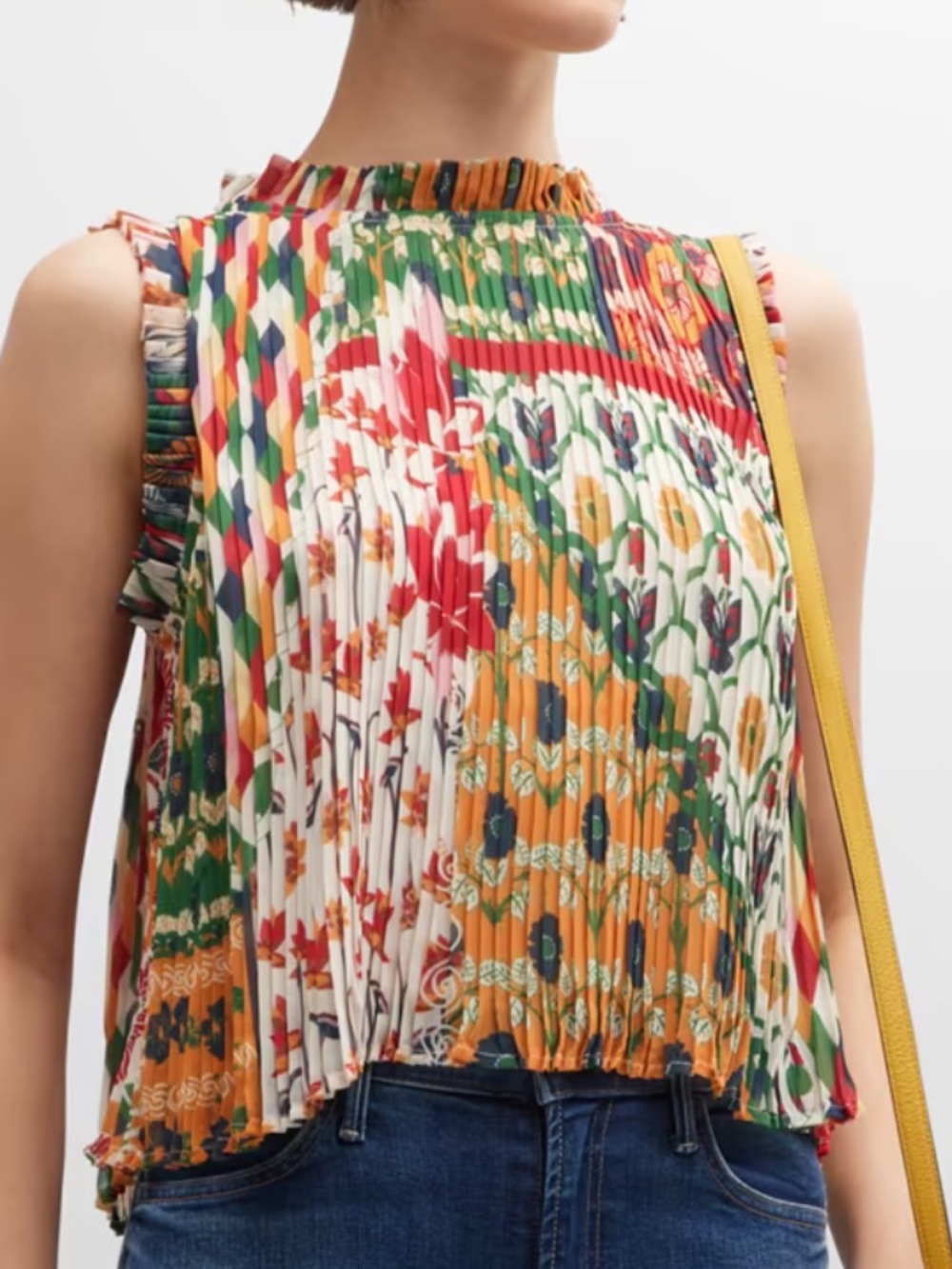 Carolina K “Lisa” pleated sleeveless blouse, bouquet multicolor print, size XS